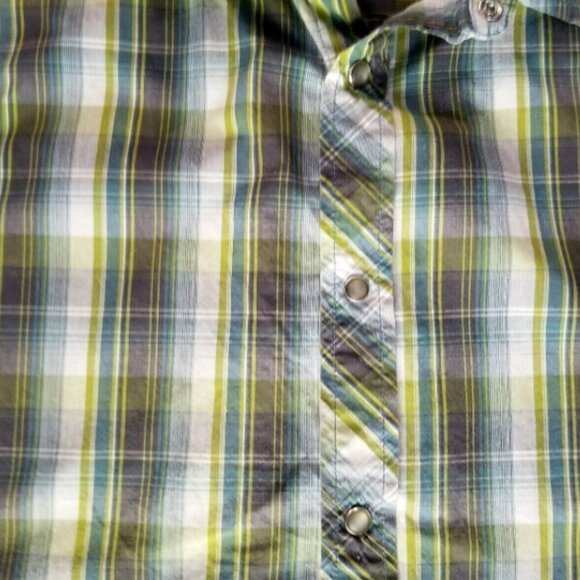 Prana Pearl Snap Shirt Men's XL Short Sleeve Shirt Green Plaid Organic Cotton - Picture 5 of 8